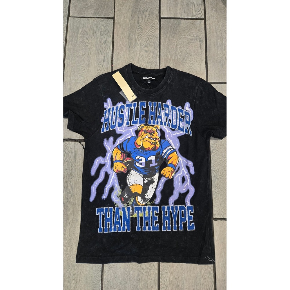 Reason Hustle Harder Than The Hype Bulldog Graphic Tee Charcoal Wash Small-New